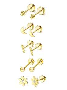 10pcs Small Hypoallergenic Flat Back Stud Earrings For Women Men Golden Plated Stainless Steel Earring Sets Tiny Screw Back Cartilage Earring