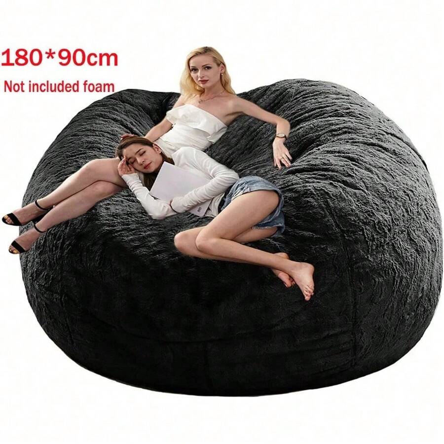 Bean Bag Chair Cover(No Filler) Soft Faux Fur Stuffed Animal Bean Bag Storage, 7FT Fluffy Plush Bean Bag Chair Cover Washable, Comfy Bean Bag Chairs For Adults Kids Teens - màu đen - Xem 1