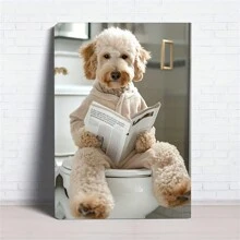 1 件幽默 Goldendoodle On Toilet 帆布印刷品 - 装饰艺术、现代、经典风格动物印刷带框墙壁艺术，适用于浴室、家庭办公室、客厅装饰 - 有趣的室内/室外木质框架动物阅读报纸壁挂装饰，适合所有季节 - 彩色 - 查看 1