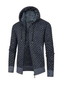 男士拉链连帽毛衣夹克，加厚羊毛衬里，冬季保暖连帽外套，带口袋