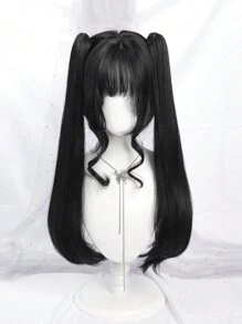 DIY 动漫角色扮演假发带刘海 24 英寸合成短直发黑色假发双长可拆卸爪夹马尾自然短直发洛丽塔假发女士适合万圣节圣诞派对
