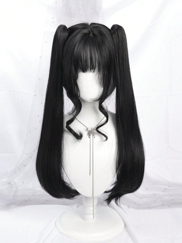 DIY Anime Cosplay Wig With Bangs 24 Inch Synthetic Short Straight Black Wig Double Long Removable Claw Clip Ponytails Natural Short Straight Lolita Wig For Women Suitable For Halloween Christmas Party