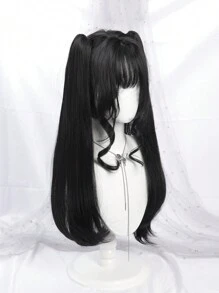 DIY 动漫角色扮演假发带刘海 24 英寸合成短直发黑色假发双长可拆卸爪夹马尾自然短直发洛丽塔假发女士适合万圣节圣诞派对
