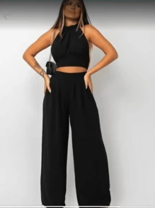 Crop Top And Pants Set - 黑色 - 查看 3