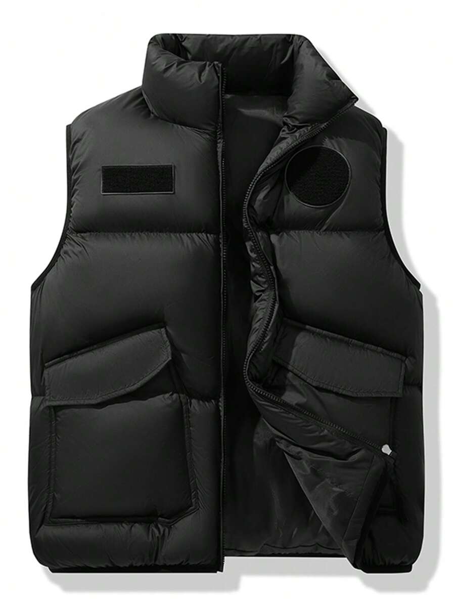Men's Winter Casual Padded Vest, Stand Collar, Sleeveless, Solid Color