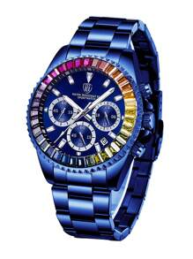 1pc Luxury Business Men's Watch, Chronograph, Rainbow Case Men's Stainless Steel Strap Calendar Night Light Quartz Watch, Men's Casual Watch, Waterproof Clock Women's Watch+Free Chain Link Remover