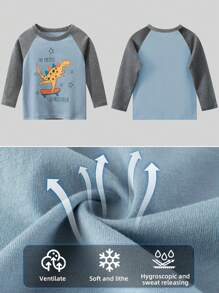 3pcs/Set Kaos Anak Laki-Laki Lengan Raglan Motif Kartun Warna Kontras, Atasan Kasual untuk Musim Semi dan Gugur - Teal Blue - View 2