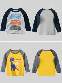3pcs/Set Kaos Anak Laki-Laki Lengan Raglan Motif Kartun Warna Kontras, Atasan Kasual untuk Musim Semi dan Gugur - Teal Blue - View 3