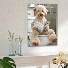1 件幽默 Goldendoodle On Toilet 帆布印刷品 - 装饰艺术、现代、经典风格动物印刷带框墙壁艺术，适用于浴室、家庭办公室、客厅装饰 - 有趣的室内/室外木质框架动物阅读报纸壁挂装饰，适合所有季节 - 彩色 - 查看 6