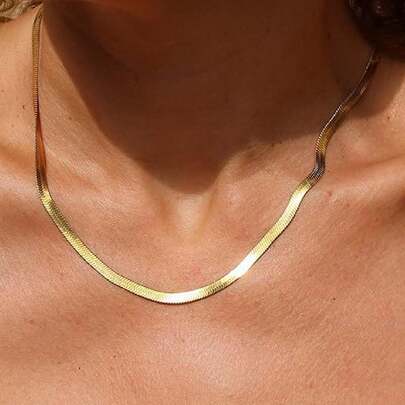18K Gold Plated 304 Stainless Steel Herringbone Chain Necklace For Women, Waterproof Flat Snake Chain Choker, Minimalist Daily Jewelry Gift