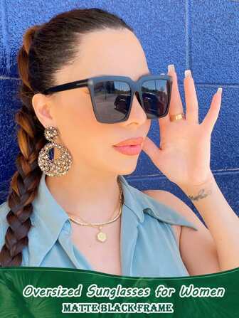 Oversized Square Fashion Glasses For Women Fashion Big Frame Shades Outdoor Driving Sand Sunnies Matte Black Shades Protection For Summer Beach Vacation,Outdoor,Travel
