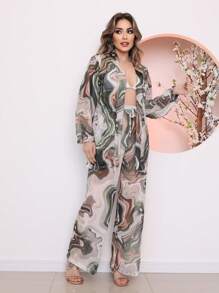 Printed Tulle Beach Cover-Up Shirt And Pants Set - màu xanh lá - Xem 4