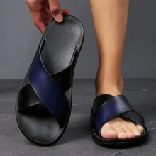 New Summer Crossed Strap Color Block Sandals, Men's Casual Outdoor Holiday Beach Fashion Personalized Flat Slippers - Dark Blue Black - View 2
