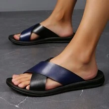 New Summer Crossed Strap Color Block Sandals, Men's Casual Outdoor Holiday Beach Fashion Personalized Flat Slippers - Dark Blue Black - View 5