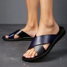 New Summer Crossed Strap Color Block Sandals, Men's Casual Outdoor Holiday Beach Fashion Personalized Flat Slippers - Dark Blue Black - View 4