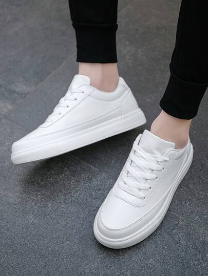 (Talla ligeramente pequeña) Zapatillas deportivas de estilo casual, minimalistas y cómodas con cordones blancos para hombre, de estilo romántico y moderno para el colegio