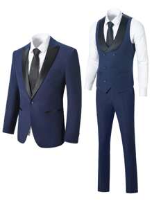 Furuyal 男士三件套西装：藏蓝色平驳领西装外套、马甲和西裤 - 修身剪裁，百搭实用，适合商务、派对、正式场合和婚礼等场合。 - 藏蓝色 - 查看 5