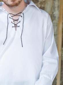 I LOVE FANCY DRESS Men's Solid Colour White Lace-Up Medieval Style Long Sleeve Shirt Viking GOT Tudor TV Film Character Warrior Prince King Shirt Medieval Lace Up T Shirt Gothic Renaissance Pirate Cosplay Costume Retro - White - View 2