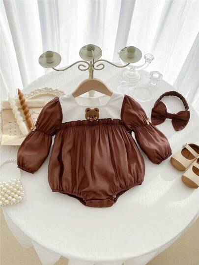 Body infantil feminino com estampa de ursinho e faixa de cabelo, ideal para primavera/outono (1 peça).