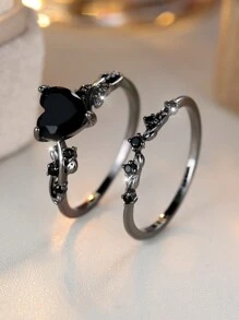 Tsnamer 2枚哥特式黑色金色结婚戒指订婚承诺斜心戒指哥特蓝/绿/黑色锆石戒指，适合女性、女孩日常佩戴，情人节、万圣节、节日珠宝礼物（独特斜心设计） - 戒指 - 查看 2