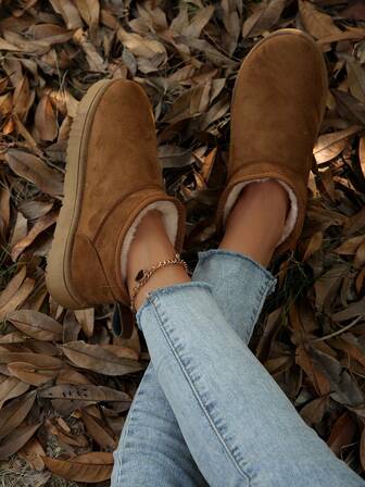 Välj mjukisbyxor, Dam vinter nya bruna mångsidiga bekväma slip-on snöstövlar, varma förtjockade halkfria korta stövlar, moderiktiga vinterskor, stövlar för kvinnor, pälsstövlar