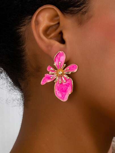1对时尚不对称花卉珐琅耳环，优雅休闲百搭，女士适用