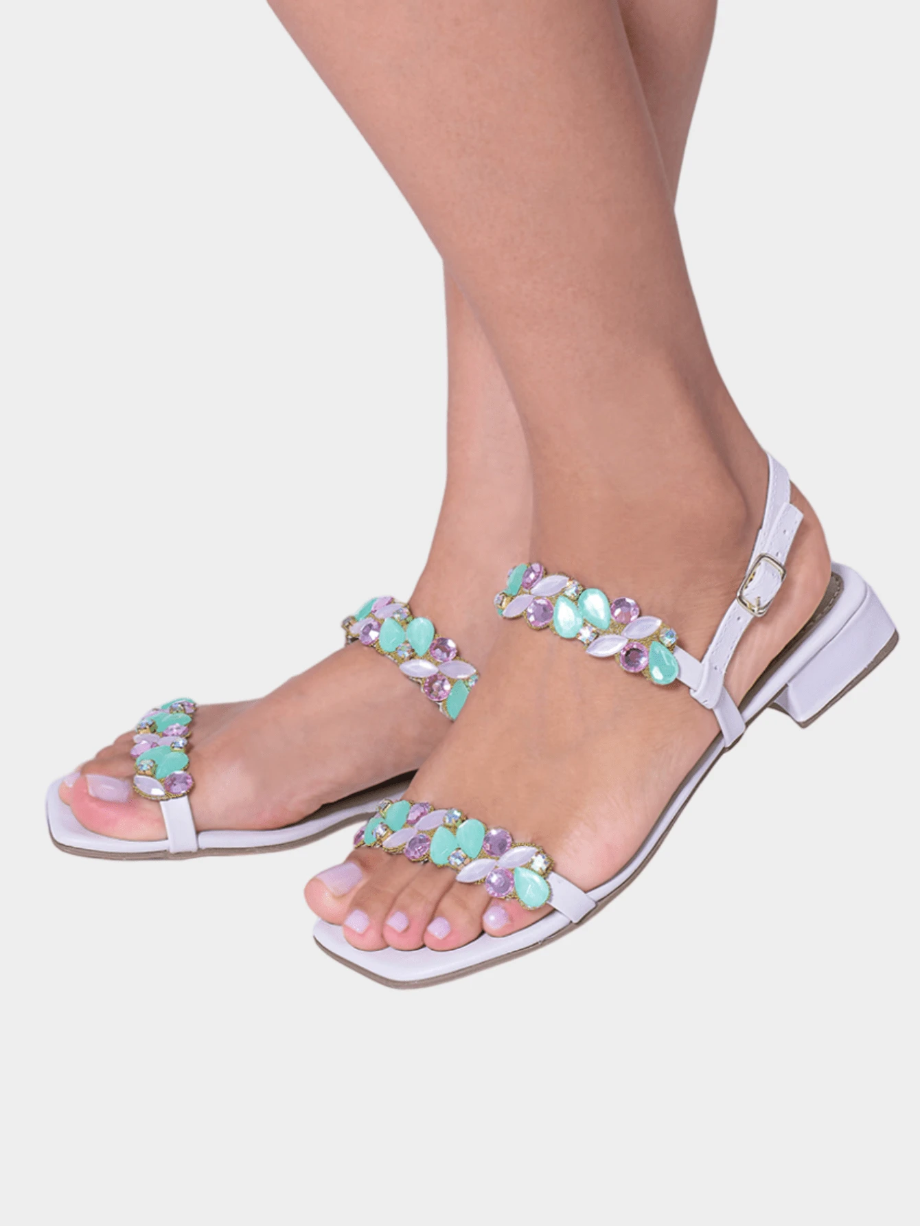 Sandalia Feminina Saltinho Casual Pedraria Jaqueline Costa - Branco - Visão 1