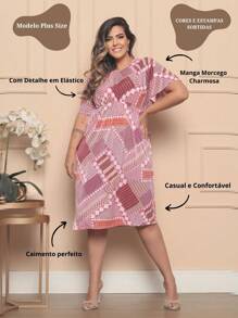 Kit 4 Plus Size Printed Dresses With Bat Sleeves And Elastic Waist Assorted Print - Multicolor - View 5