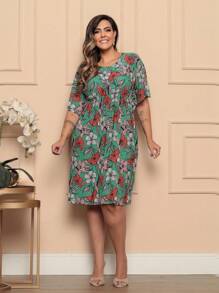 Kit 4 Plus Size Printed Dresses With Bat Sleeves And Elastic Waist Assorted Print - Multicolor - View 11