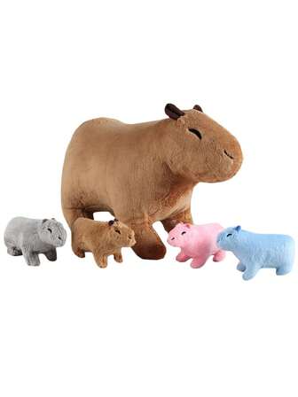 Molutian 13.38英寸仿真动物水豚毛绒玩具肚子里有4只小水豚毛绒玩具可爱水豚毛绒玩具动物玩具套装送给朋友的礼物