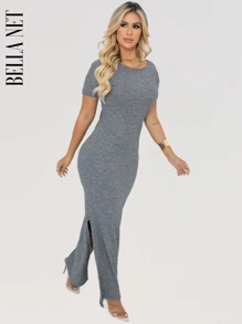 BELLA  NET KIT 2 Long Dresses With Sleeves And Side Slits, Beautiful Foreign Fashion - Màu xanh hải quân - Xem 5