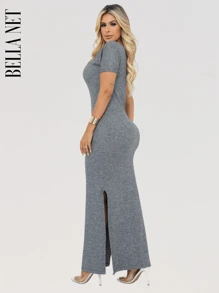 BELLA  NET KIT 2 Long Dresses With Sleeves And Side Slits, Beautiful Foreign Fashion - Màu xanh hải quân - Xem 6