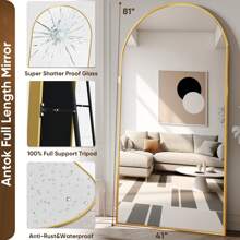 Antok Full Length Mirror, 81"X41" Oversized Arched Floor Mirror Freestanding, Full Body Mirror Floor Standing Mirror With Stand For Bedroom, Hanging Mounted Mirror For Living Room Cloakroom Home Decor Back To School Room Decor School Supplies - 金色 - 查看 4
