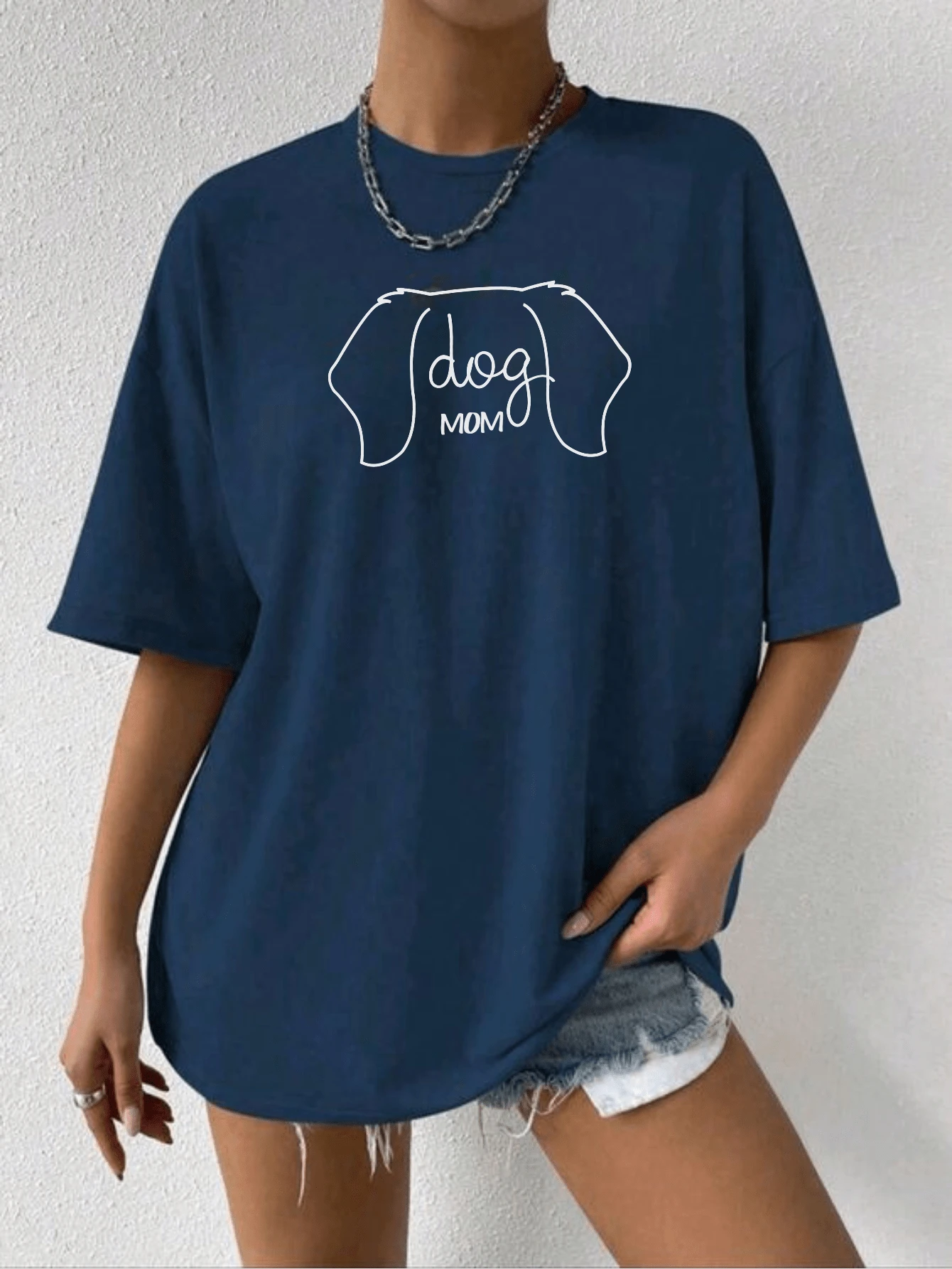 Blouse Oversized T-Shirt Fashion Print Dog Mom 100% Cotton - 藏蓝色 - 查看 1