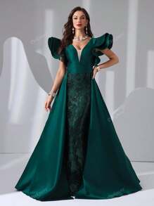 Vestito lungo da sera in raso con scollo a V, maniche a volant e paillettes, lungo fino a terra, abito da sera elegante per cerimonie, matrimoni, lauree, cene, Natale