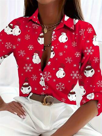2024 Christmas Snowman & Snowflake Digital Print Casual Long Sleeve Shirt