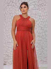 Women's Long Tulle Dress With Shiny Color Collar And Slit Party Prom Fashion - 橘色 - 查看 2