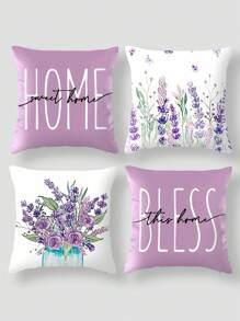 4入組/套具有相同設計的亞麻枕套，不含內芯，紫色小花紋，方形枕套，適用於客廳沙發，臥室床頭板，家居裝飾軟墊套，適用於靠背，適用於全年