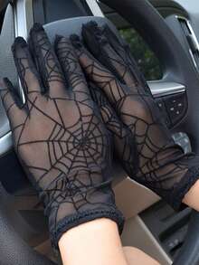 Black Spider Net Gloves, Thin Breathable Sunscreen Gloves, Halloween Cosplay Decorative Gloves For Women - Black - View 2