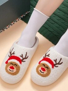 Christmas Style Pattern Fuzzy Slippers For Women And Men, Winter Warm Closed Toe Flat Floor Shoes, Cozy Soft Sole Romantic Winter Home Slippers For Valentine's Day - 麋鹿 - 查看 5