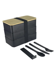 1pc Bamboo Lunch Boxes, Three-Tier Stackable Bento Box With Lunch Bag, Insulated Food Storage Meal Prep Containers With Lid, Lunch Boxes, For Office, Festival, Outdoor Adventures, Camping And Picnic, Kitchen Supplies,Kitchen,Christmas Gift - Black - View 9