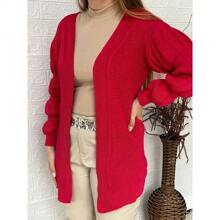Knitted Overcoat - Ruffled Sleeve - Puff Sleeve Knitted Cardigan - Winter 2024 - 玫紅色 - 查看 1