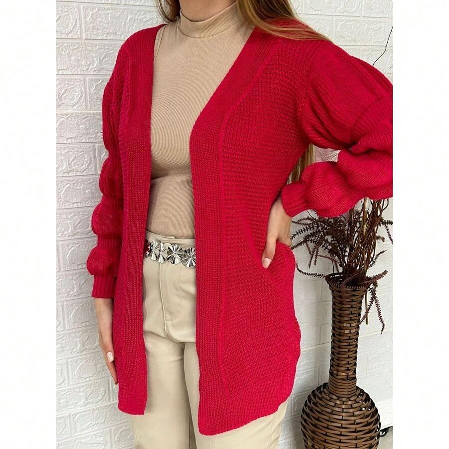 Knitted Overcoat - Ruffled Sleeve - Puff Sleeve Knitted Cardigan - Winter 2024 - 玫紅色 - 查看 1