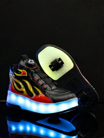 GUANGLAN USB Rechargeable LED 7-Color Luminous Wheels Shoes, Roller Skate Shoes For Kids, Boys, Girls, Children, Middle & High School Students, Casual Sneakers, Flame Design Lighted Shoes, Spring, Summer, Autumn, Winter