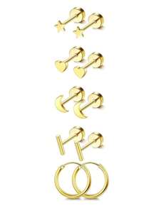 10pcs Small Hypoallergenic Flat Back Stud Earrings For Women Men Golden Plated Stainless Steel Earring Sets Tiny Screw Back Cartilage Earring