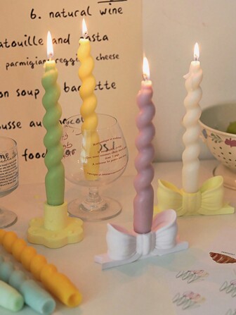 1pc Twist Screw Rod Wax Niche Atmosphere Fragrance Gift Candle Handmade Long Pole Aromatherapy Candle Plaster Bow Candle Holder Ins Style Dining Table Creative Ornament Long Pole Aromatherapy Candle Holder