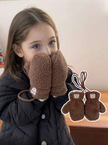 1 st. Kinderhandschoenen Winter Warm Pluche Hang Nek Handschoenen Jongens Meisjes Cartoon Beer Baby Winddichte Volledige Vinger Handschoenen Voor Buitenspelen, Geschikt Voor 2-5 Jaar Oud