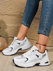 Women Casual Sports Sneakers, Plus Size Unisex Athletic Shoes, Breathable Mesh Chunky Sneakers, Platform Thick Sole Shoes - Black and White - View 5