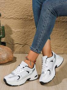 Women Casual Sports Sneakers, Plus Size Unisex Athletic Shoes, Breathable Mesh Chunky Sneakers, Platform Thick Sole Shoes - Black and White - View 4