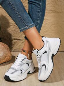 Women Casual Sports Sneakers, Plus Size Unisex Athletic Shoes, Breathable Mesh Chunky Sneakers, Platform Thick Sole Shoes - Black and White - View 1